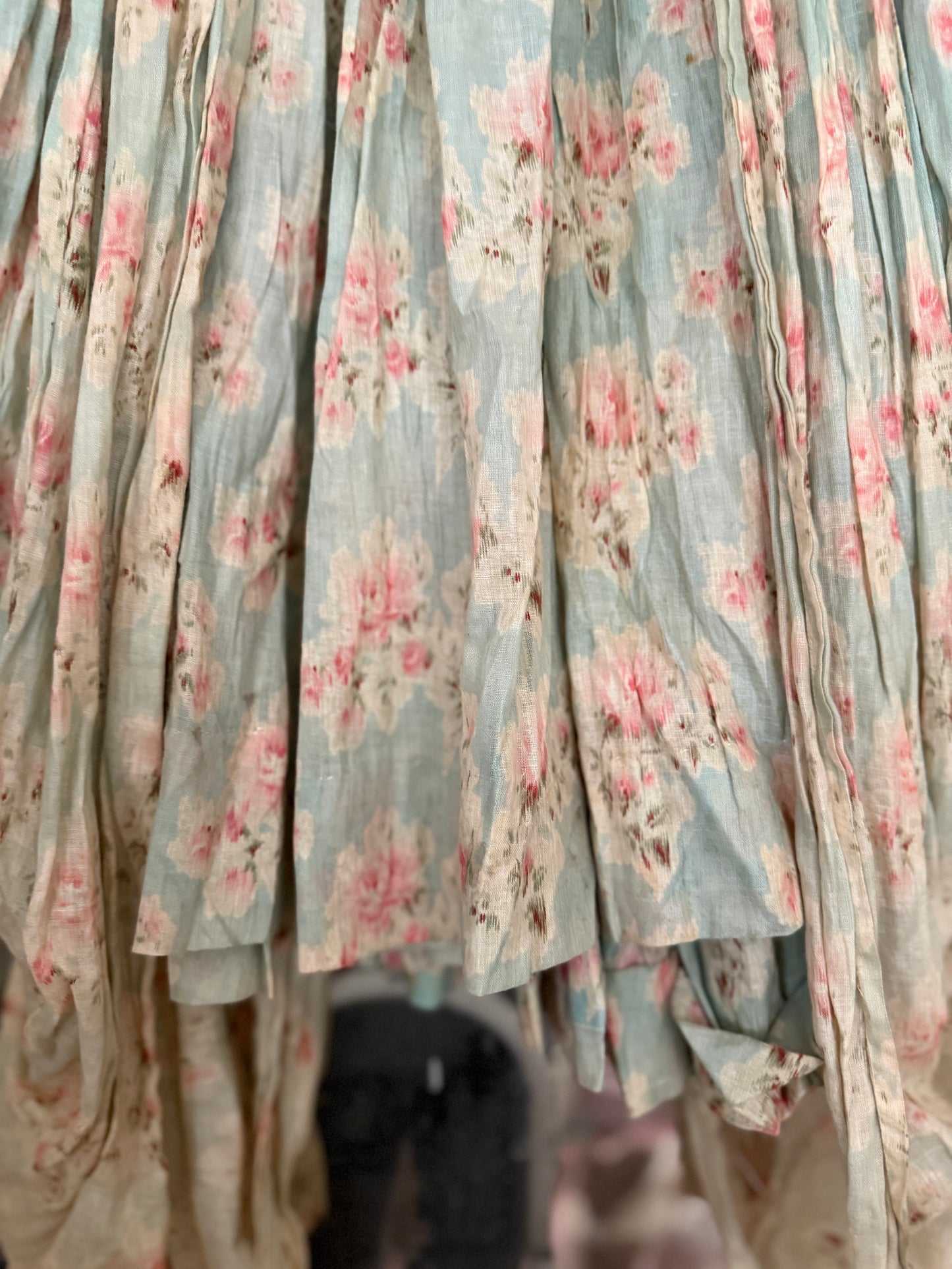 Antique Watered Pink Rose On Blue 2pc Rococo Gown