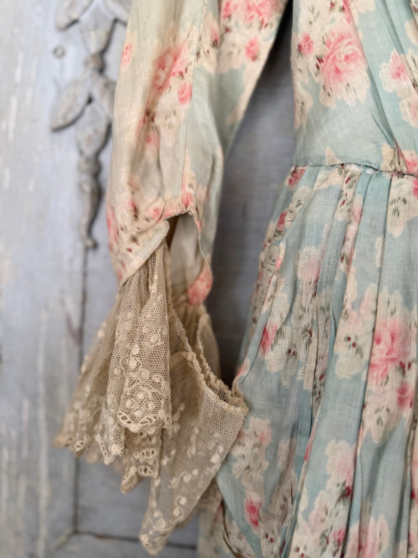 Antique Watered Pink Rose On Blue 2pc Rococo Gown