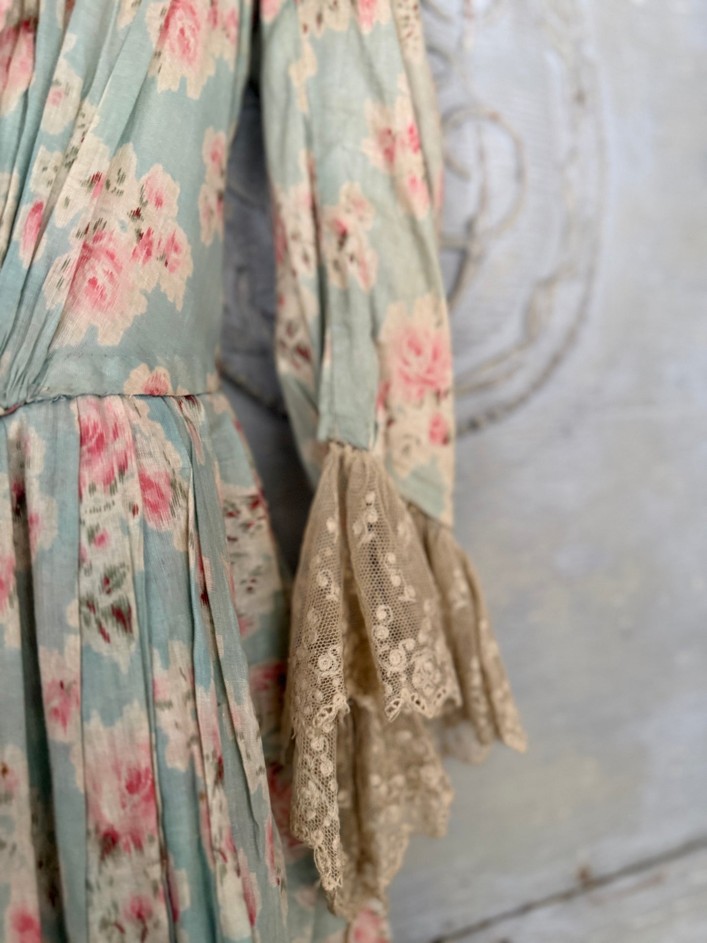Antique Watered Pink Rose On Blue 2pc Rococo Gown