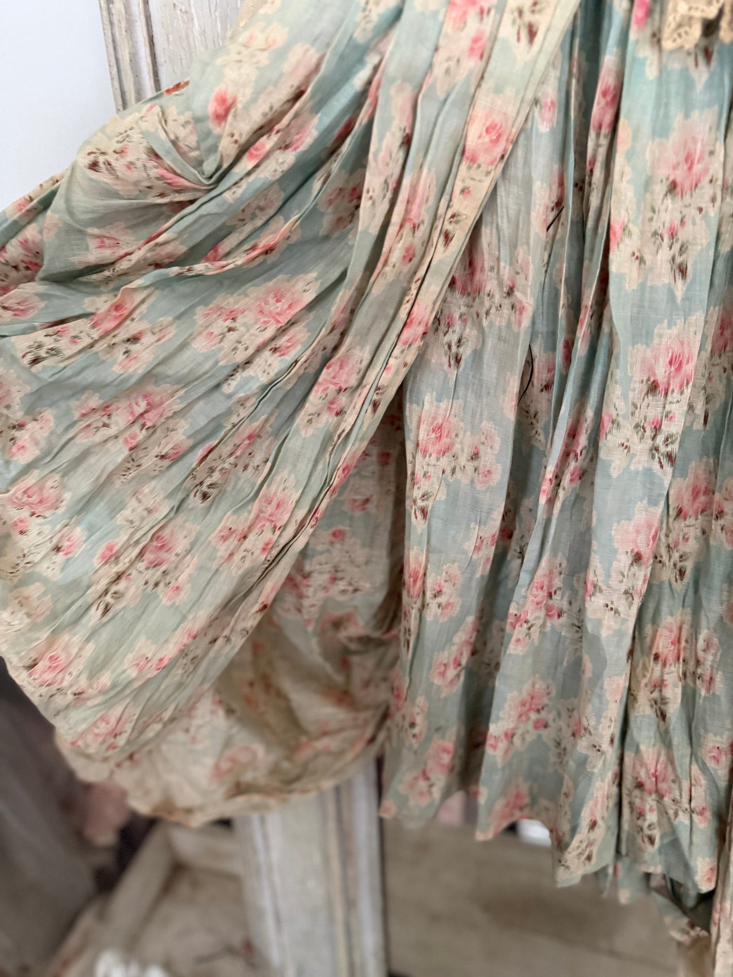 Antique Watered Pink Rose On Blue 2pc Rococo Gown