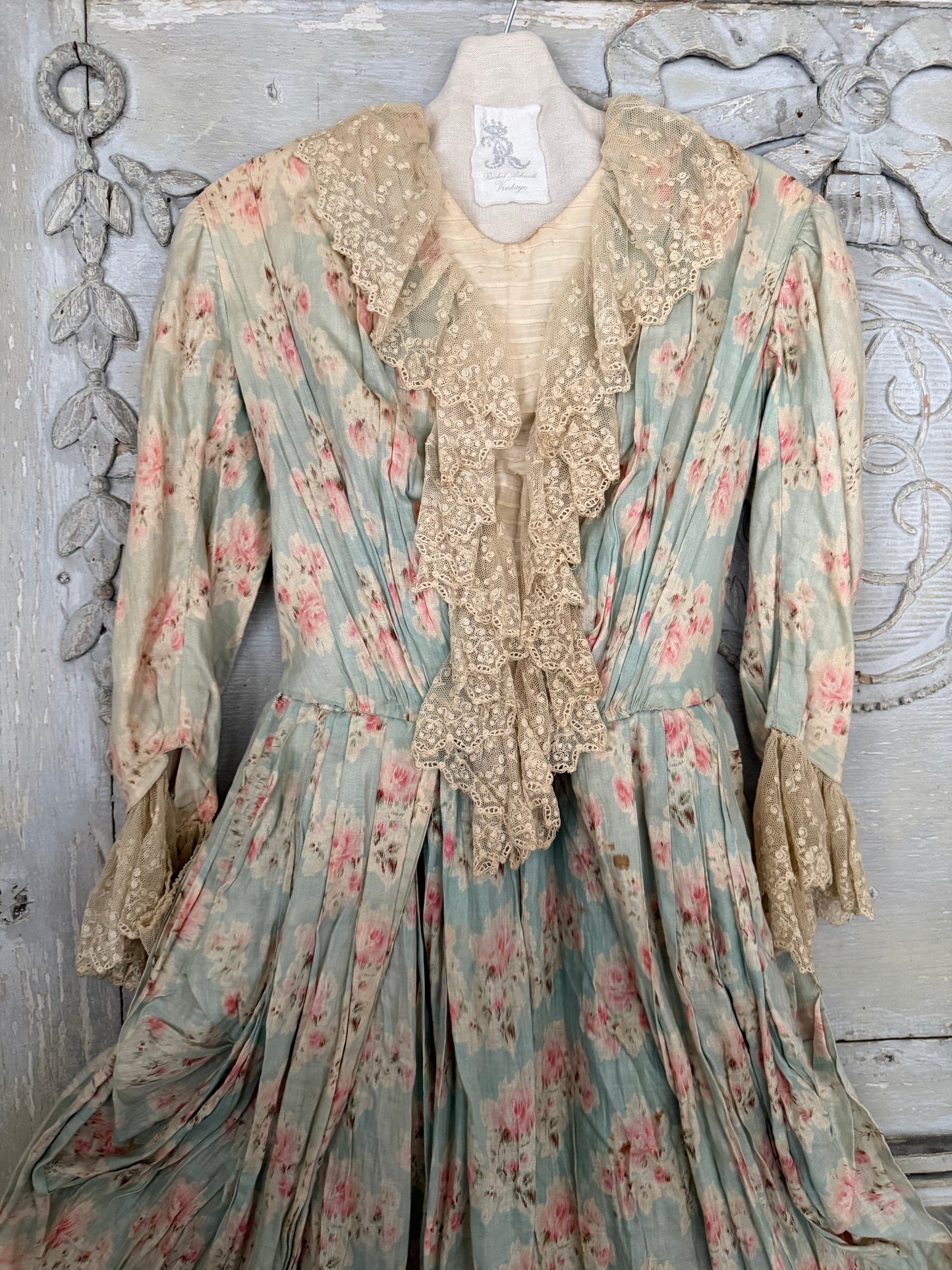 Antique Watered Pink Rose On Blue 2pc Rococo Gown