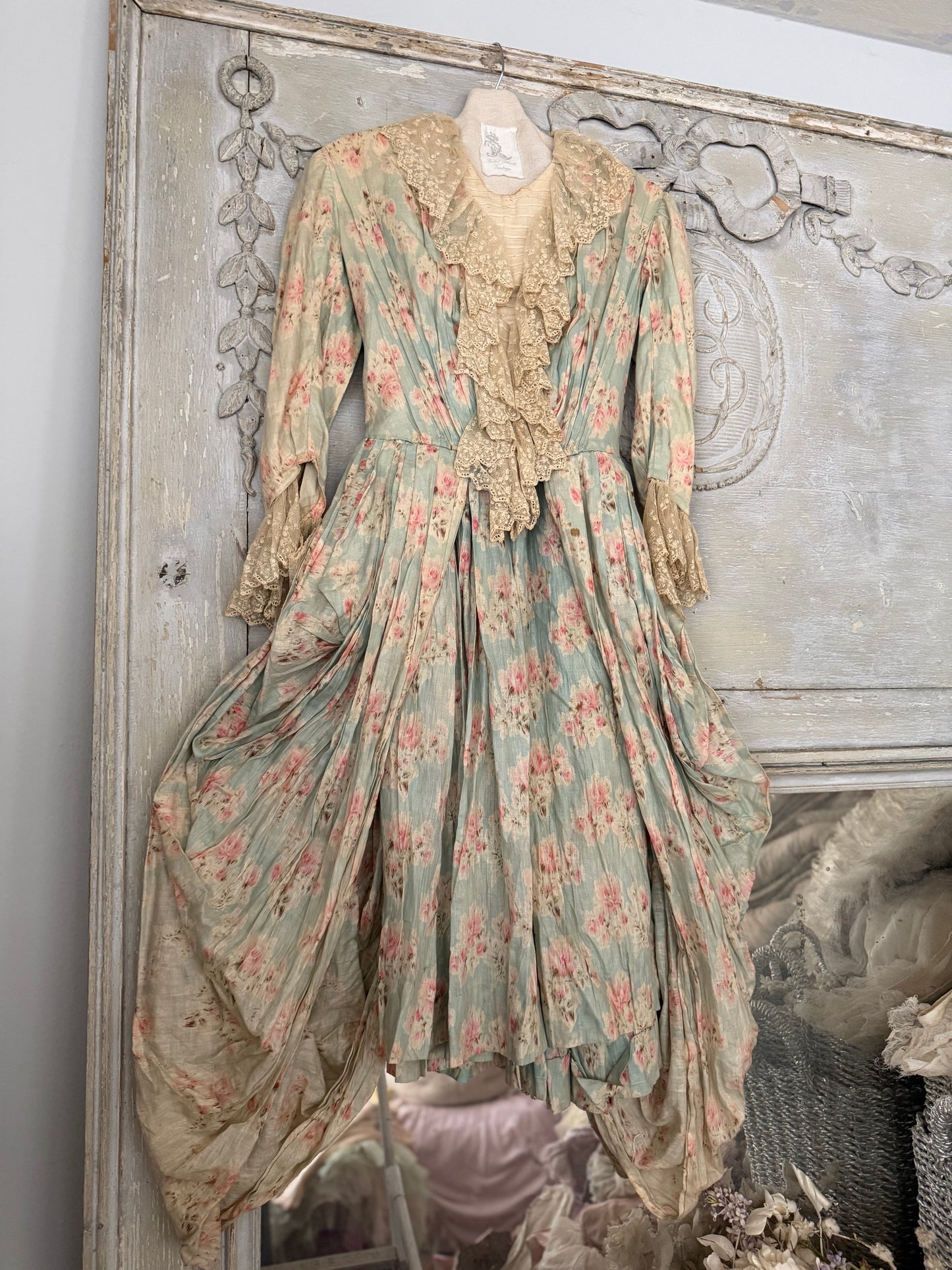 Antique Watered Pink Rose On Blue 2pc Rococo Gown