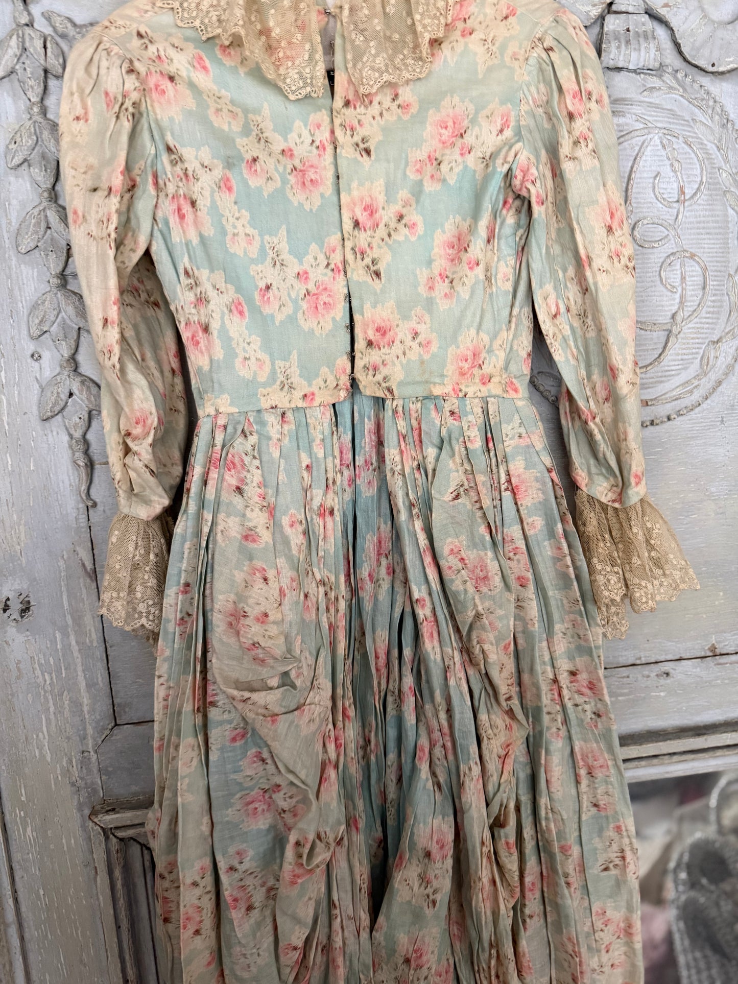 Antique Watered Pink Rose On Blue 2pc Rococo Gown