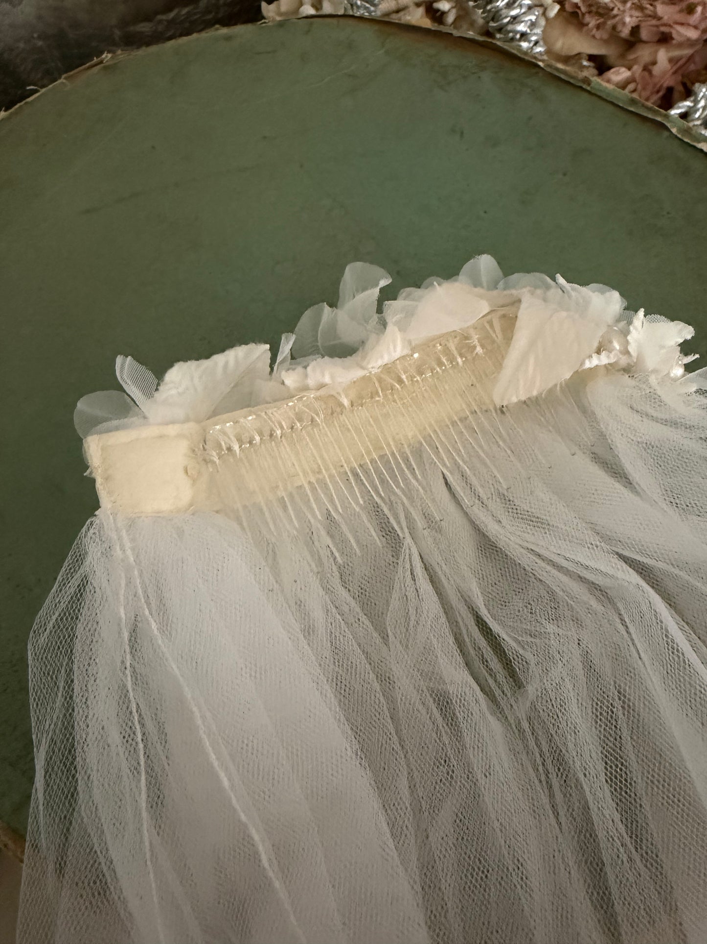 Vintage White Tulle Lace Rose Millinery Wedding Veil