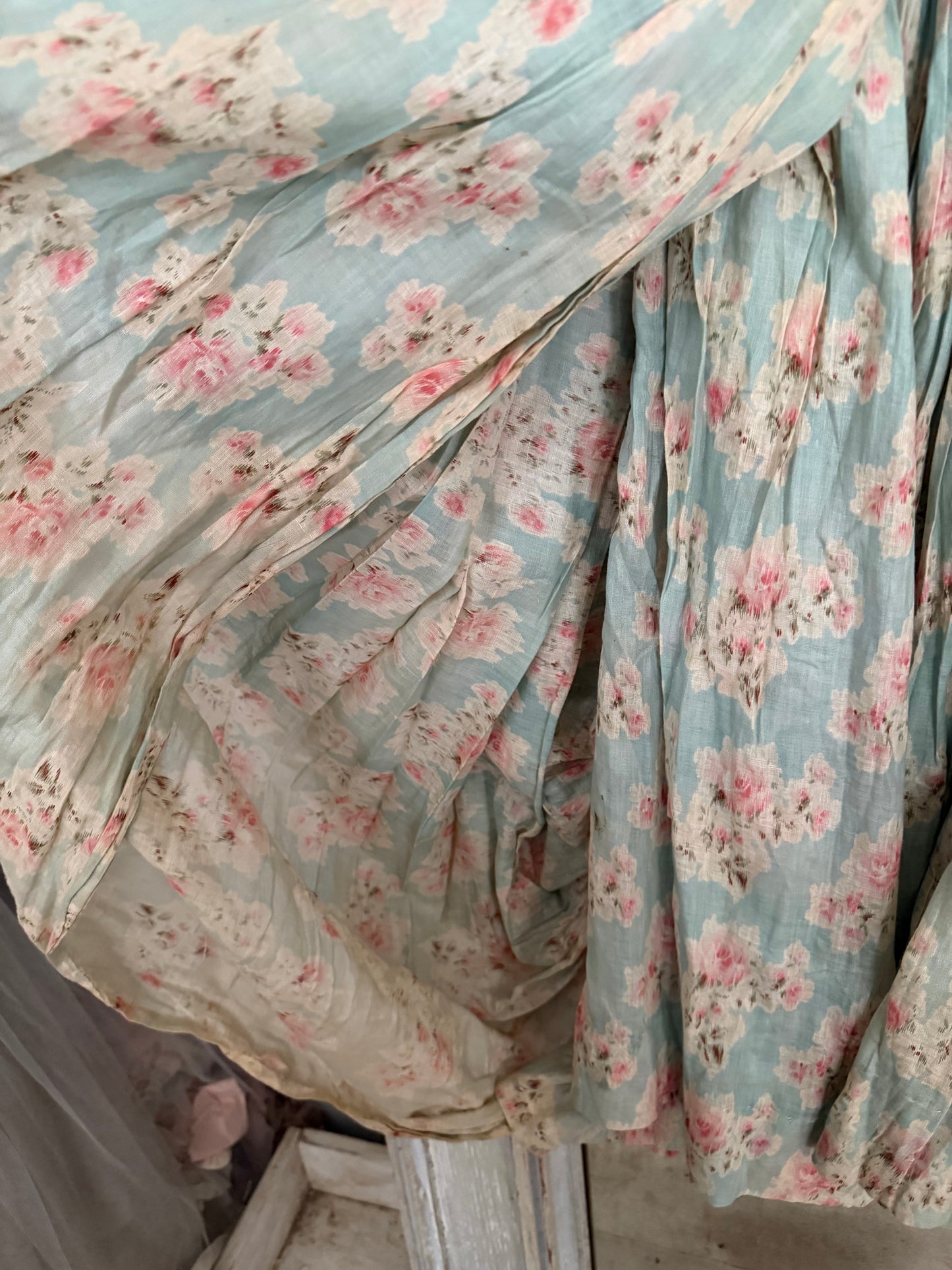 Antique Watered Pink Rose On Blue 2pc Rococo Gown