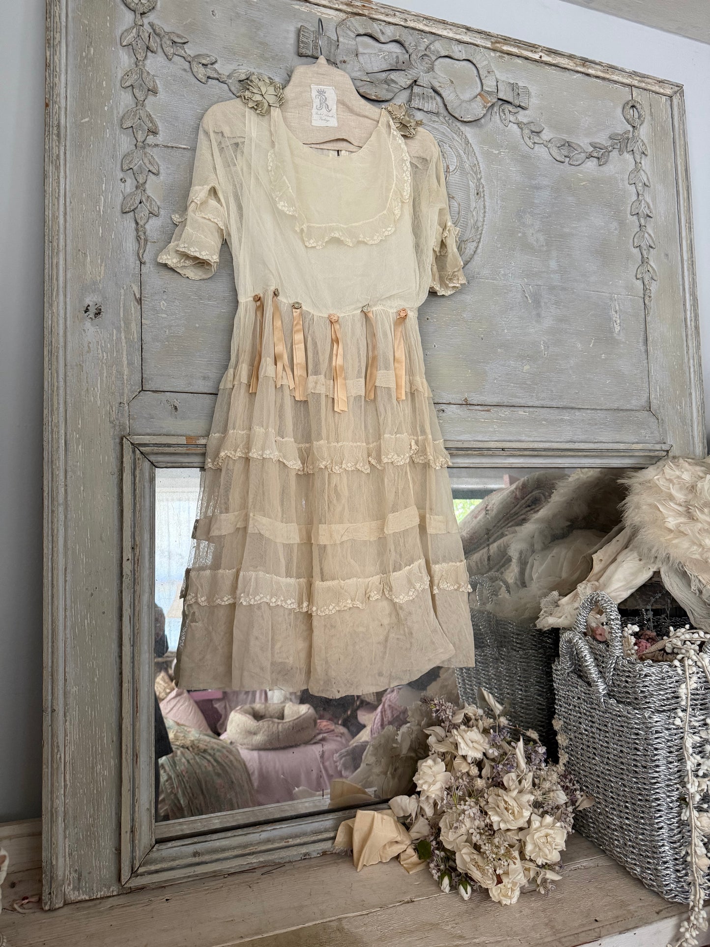 Antique White Net Lace Ribbonwork Dress