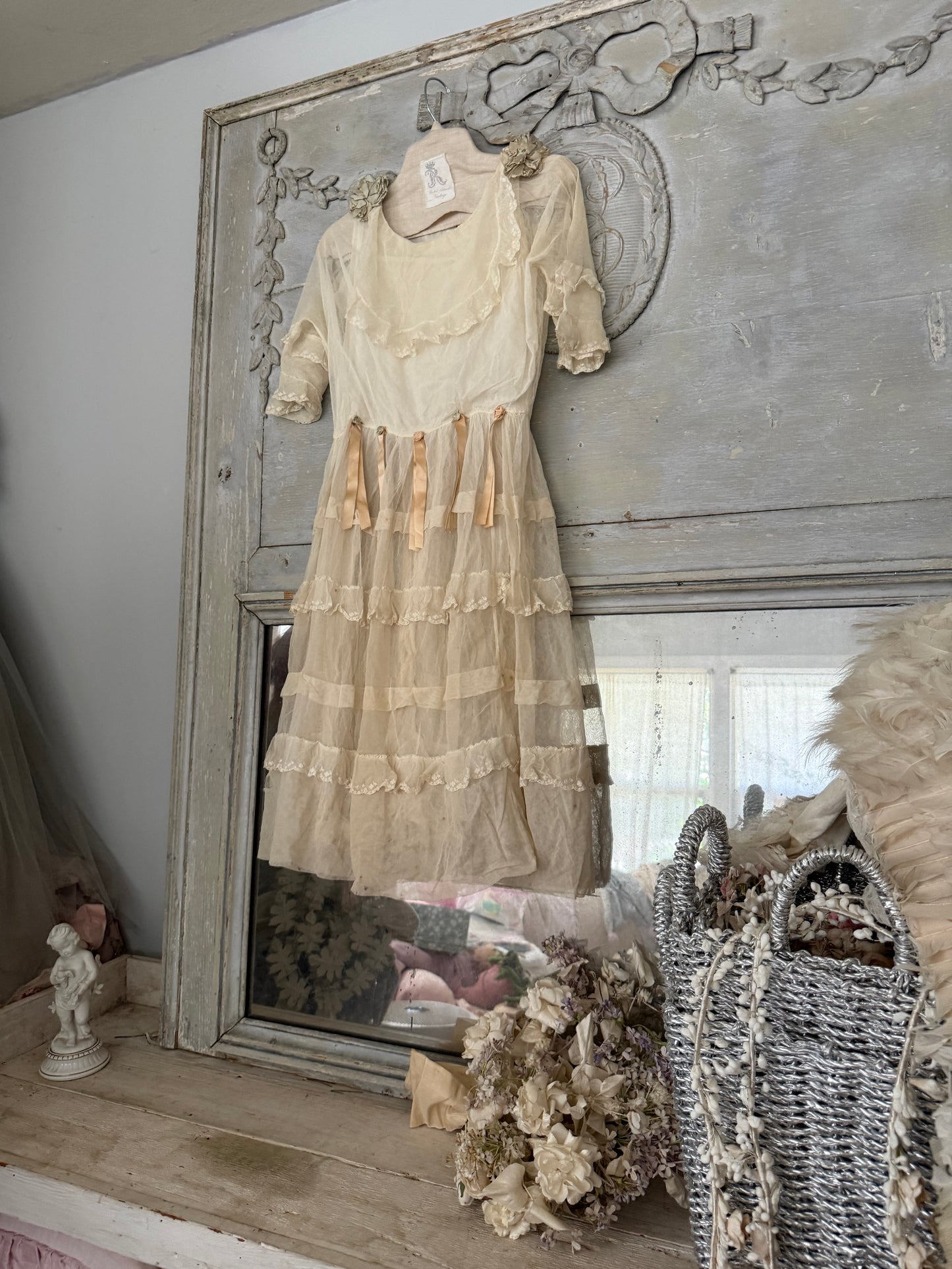 Antique White Net Lace Ribbonwork Dress