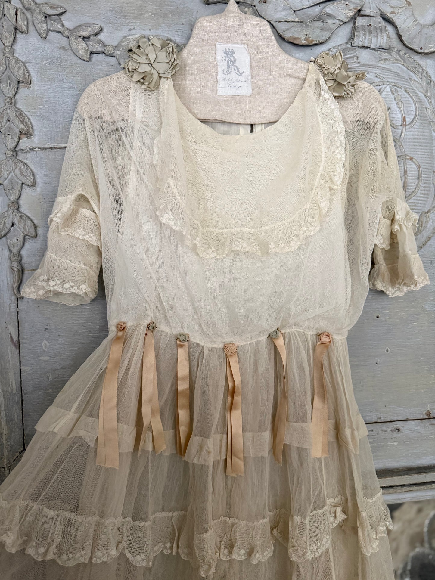 Antique White Net Lace Ribbonwork Dress