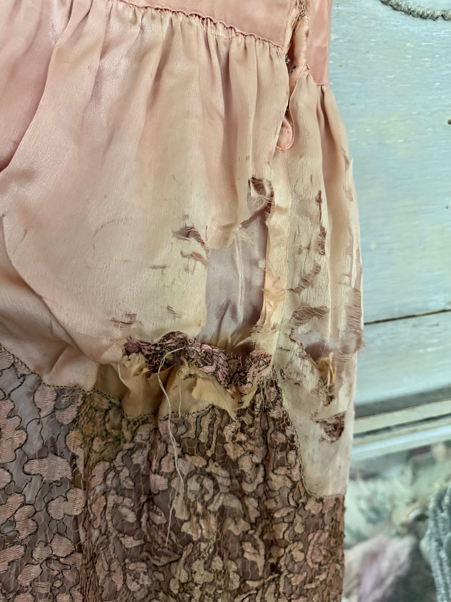 Antique 1920s Pink Silk Pannier Metalic Lace Dress