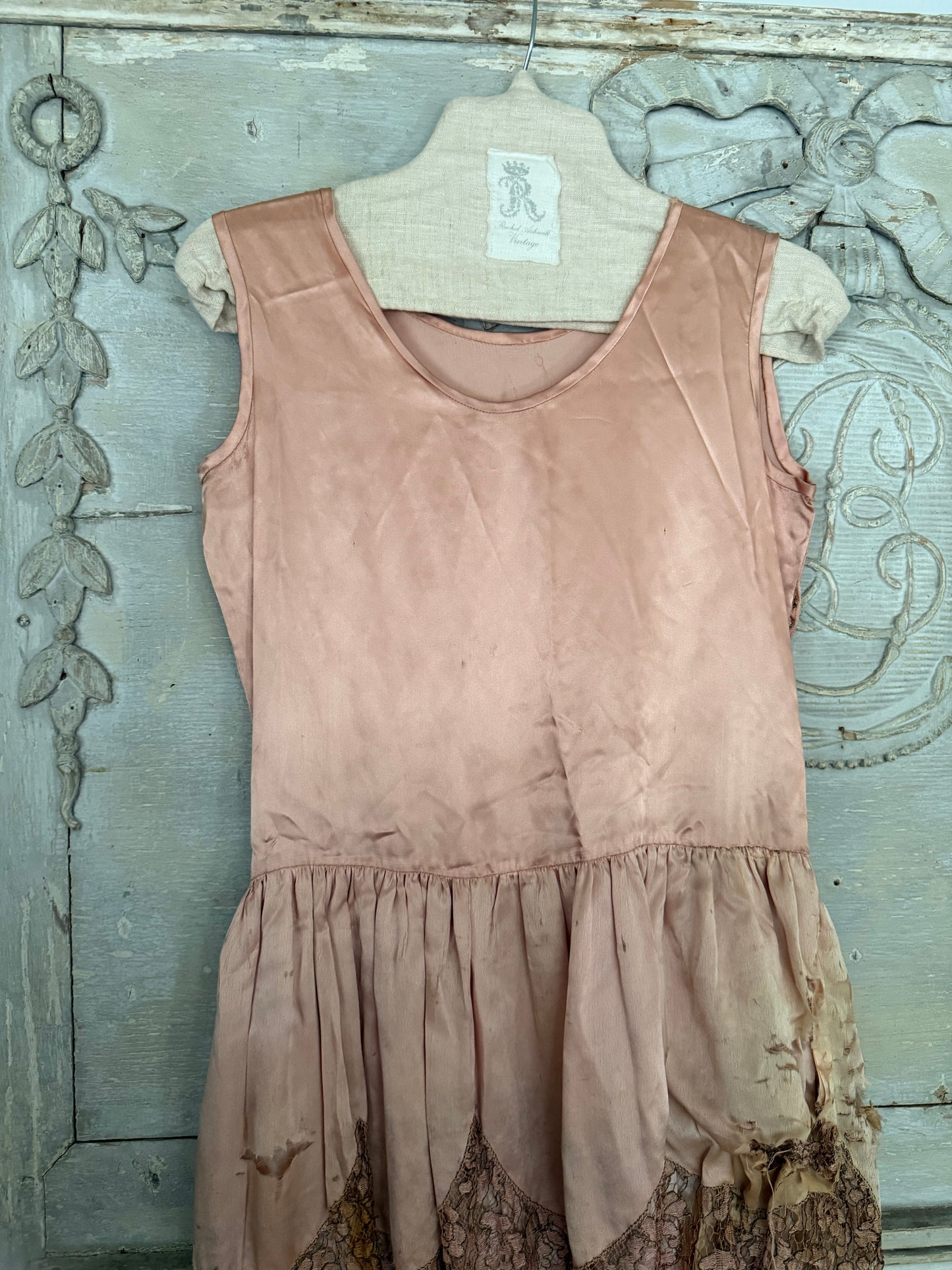 Antique 1920s Pink Silk Pannier Metalic Lace Dress