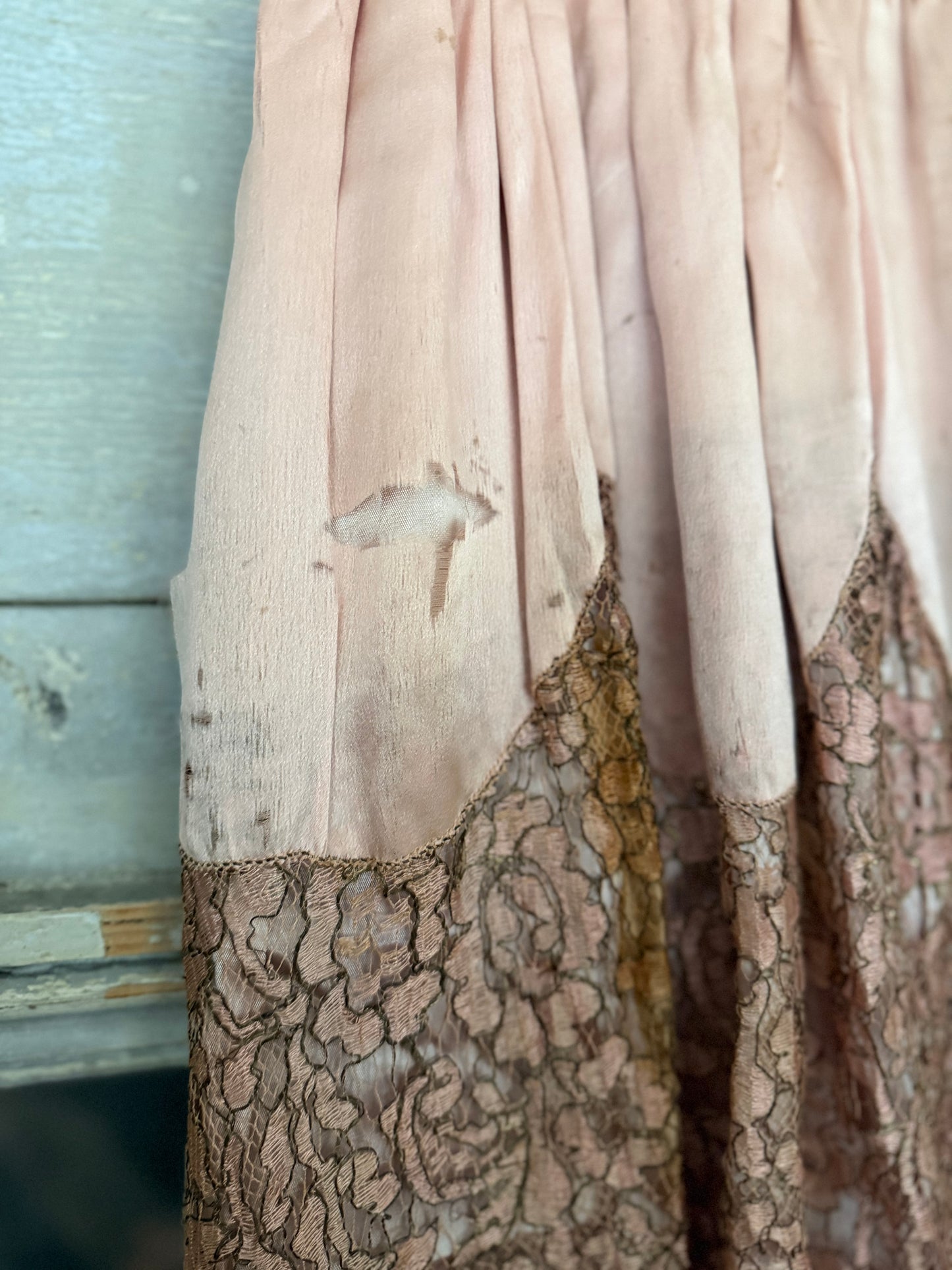 Antique 1920s Pink Silk Pannier Metalic Lace Dress