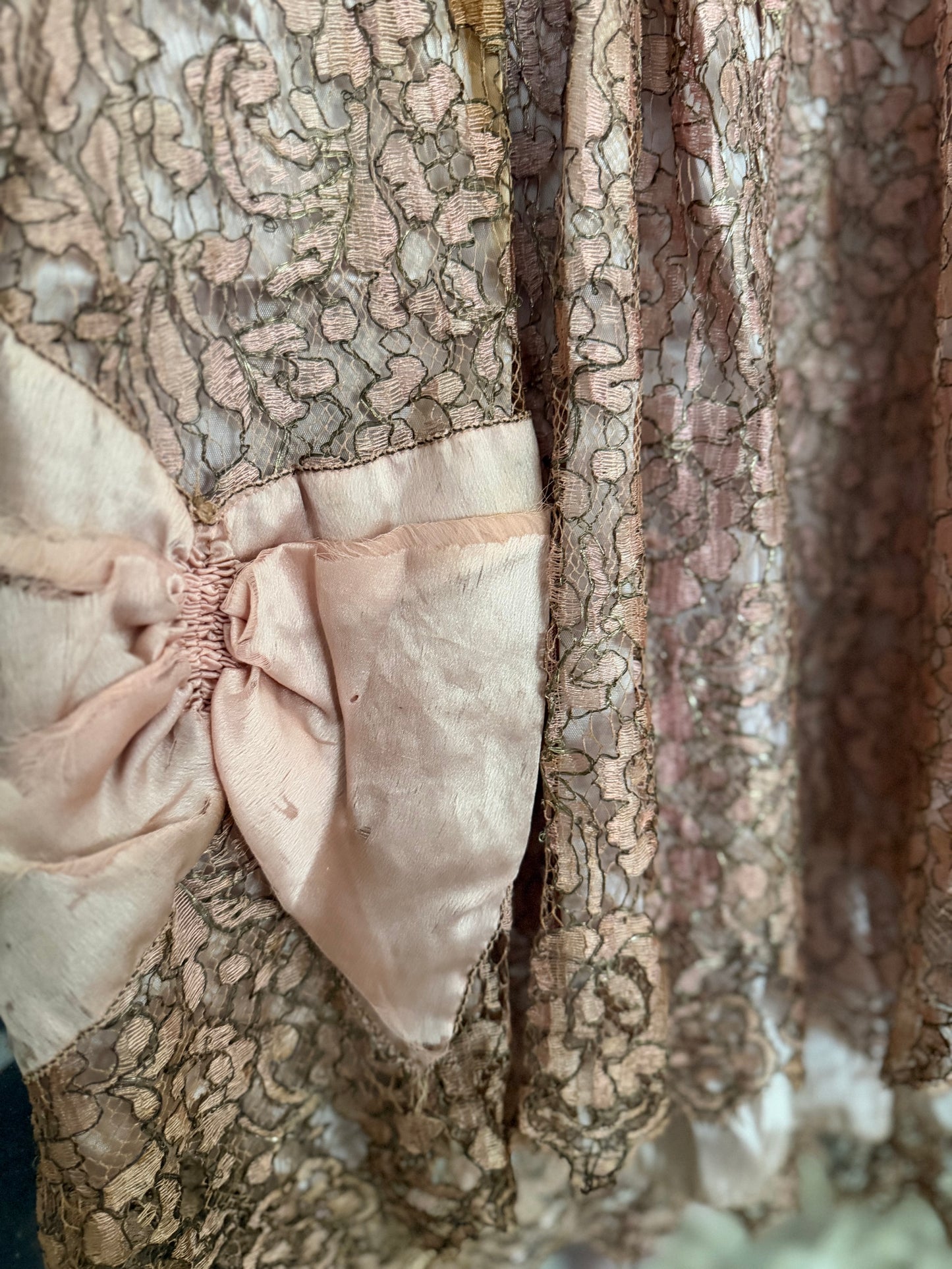 Antique 1920s Pink Silk Pannier Metalic Lace Dress