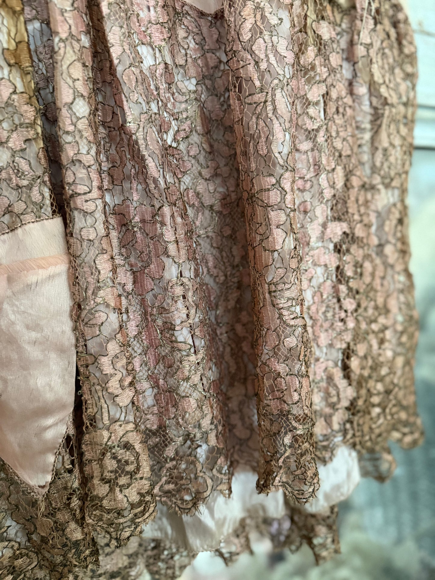 Antique 1920s Pink Silk Pannier Metalic Lace Dress