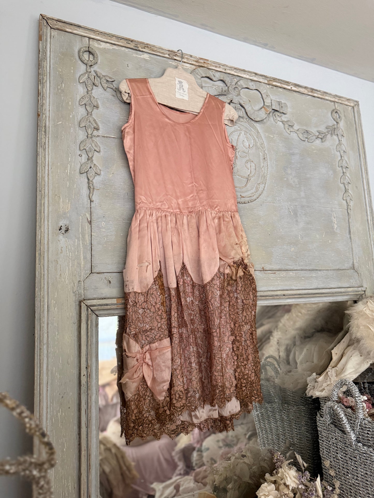 Antique 1920s Pink Silk Pannier Metalic Lace Dress