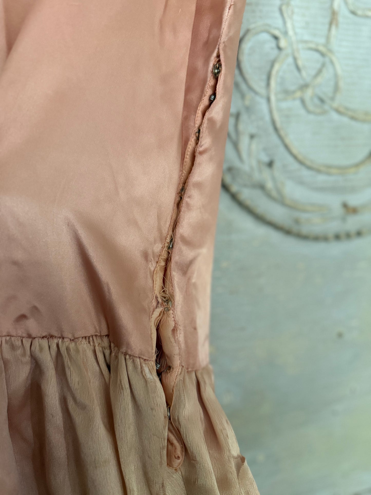 Antique 1920s Pink Silk Pannier Metalic Lace Dress