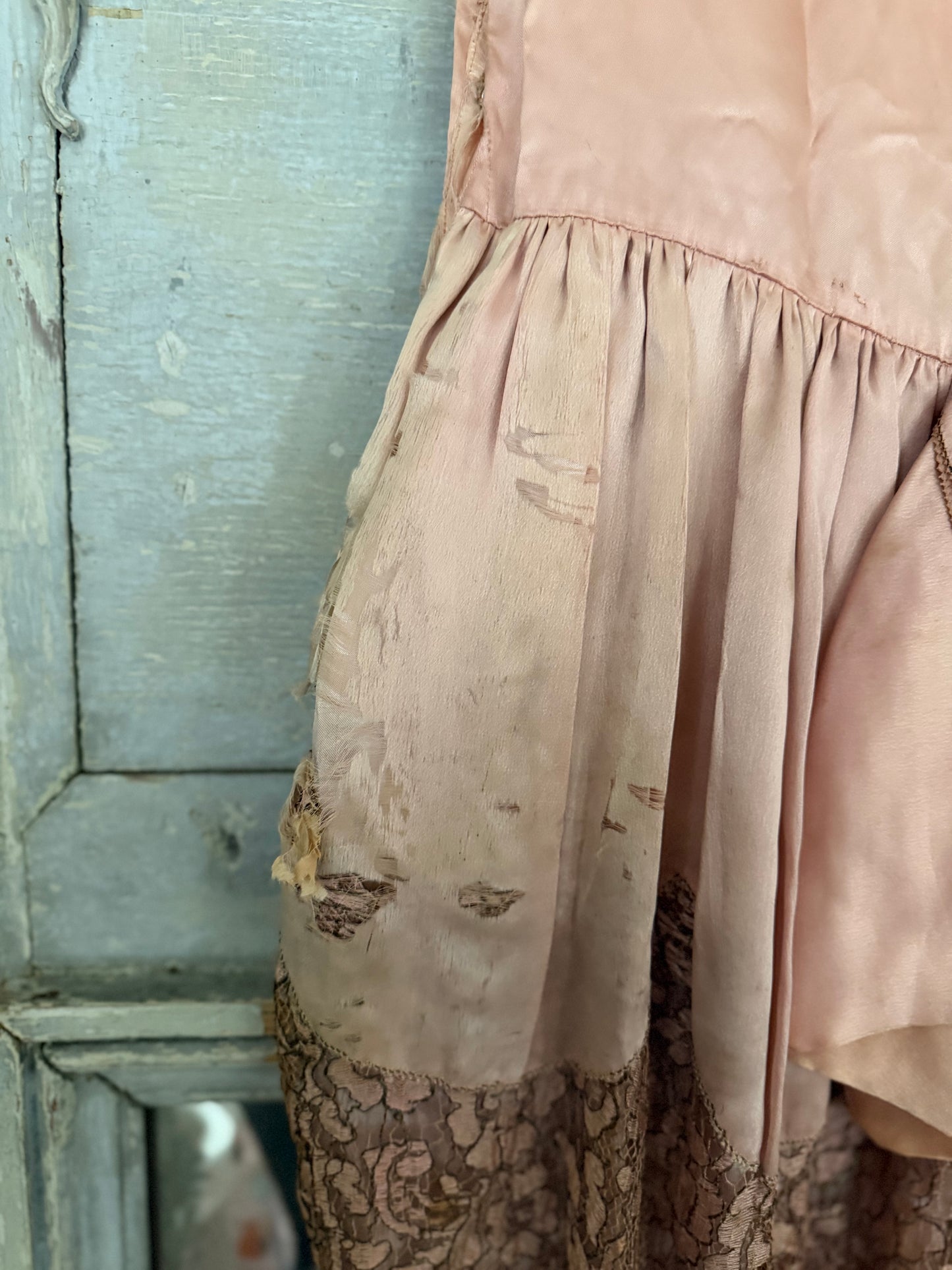 Antique 1920s Pink Silk Pannier Metalic Lace Dress