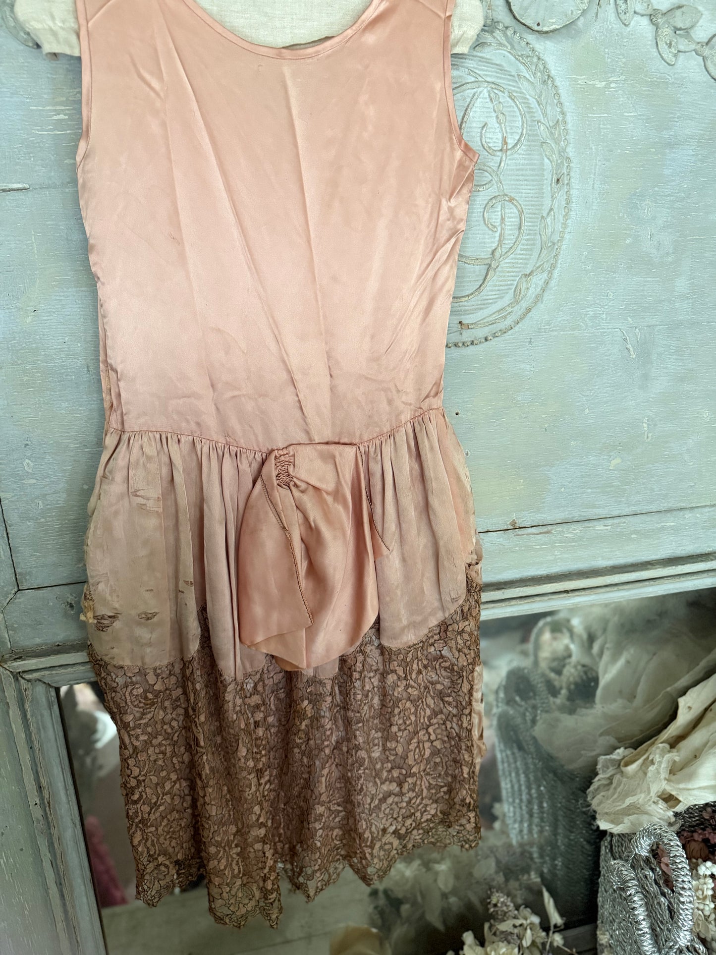 Antique 1920s Pink Silk Pannier Metalic Lace Dress