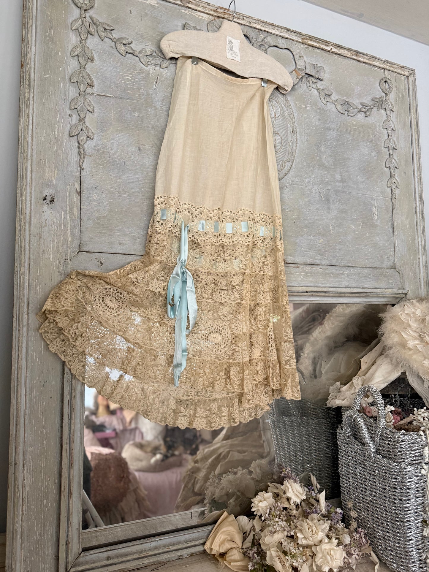 Antique Victorian Floral Lace Petticoat Skirt Blue Ribbon Bow