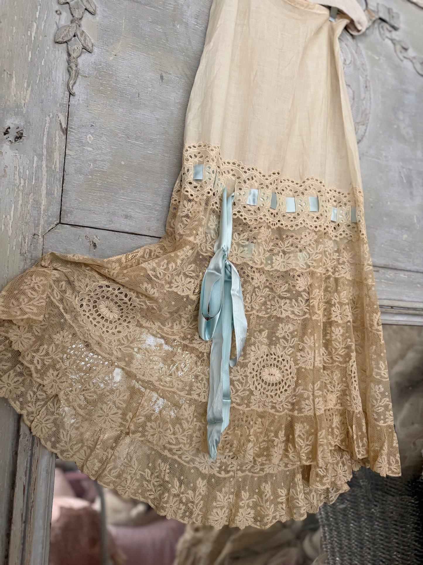 Antique Victorian Floral Lace Petticoat Skirt Blue Ribbon Bow