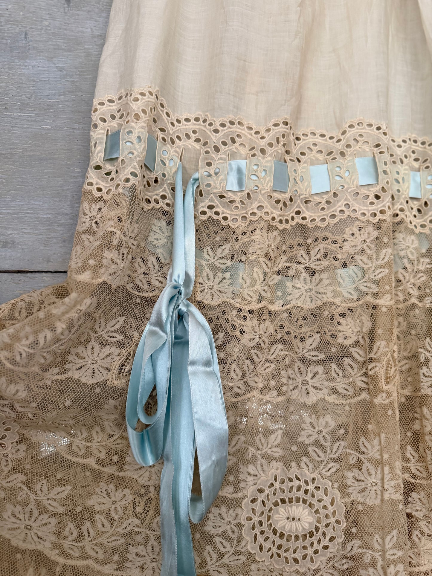 Antique Victorian Floral Lace Petticoat Skirt Blue Ribbon Bow