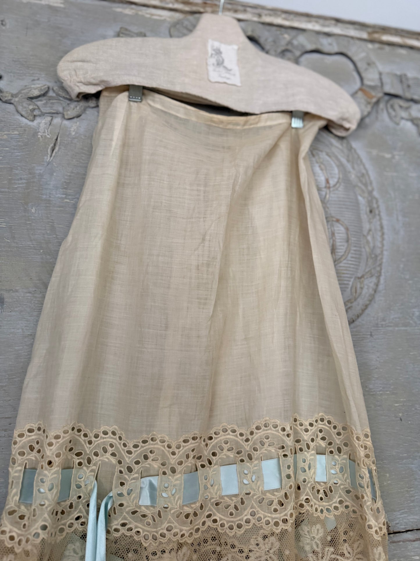 Antique Victorian Floral Lace Petticoat Skirt Blue Ribbon Bow
