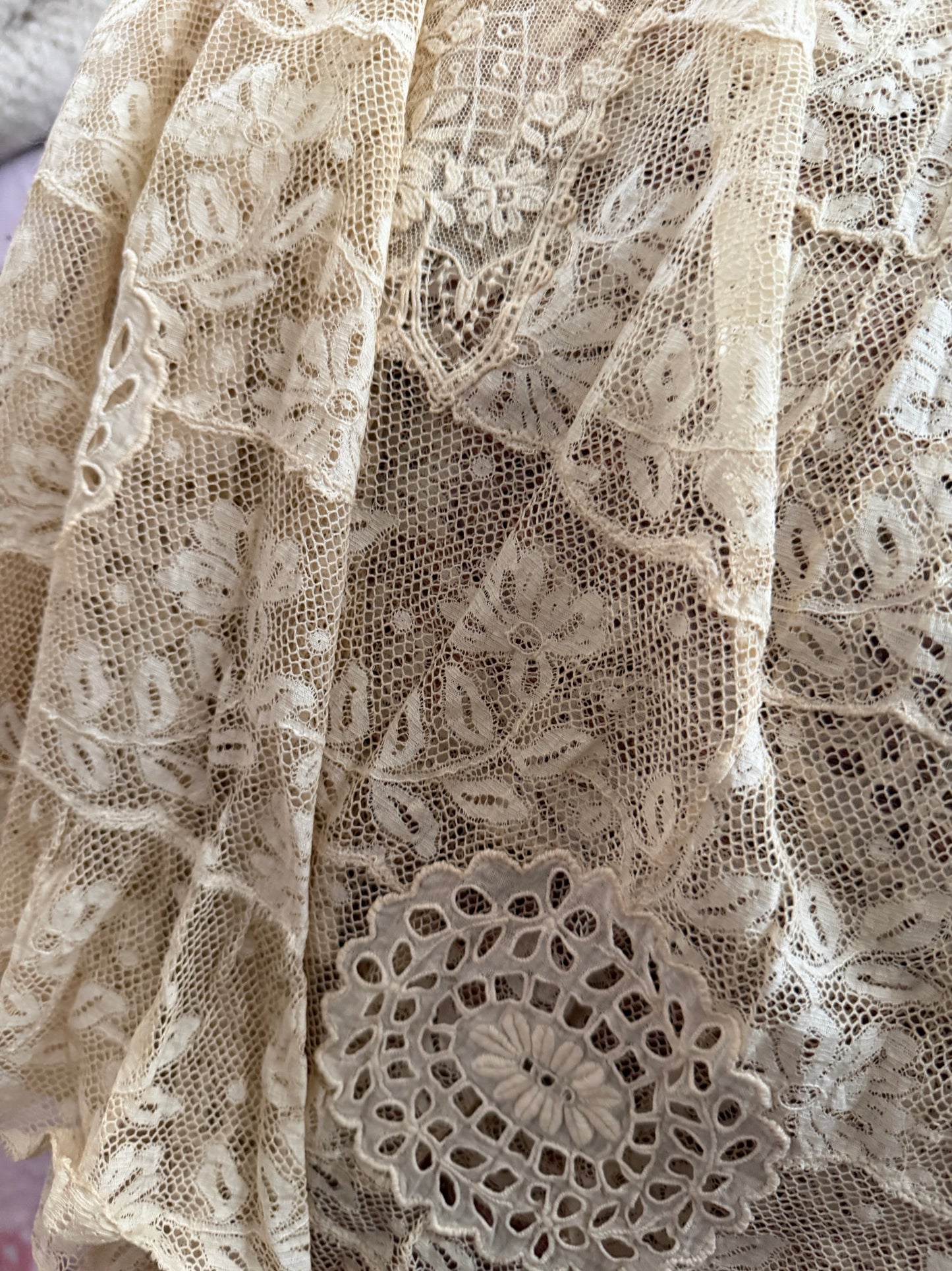 Antique Victorian Floral Lace Petticoat Skirt Blue Ribbon Bow