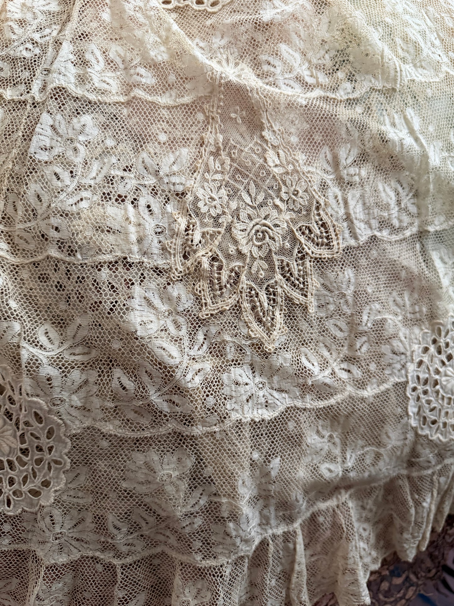 Antique Victorian Floral Lace Petticoat Skirt Blue Ribbon Bow
