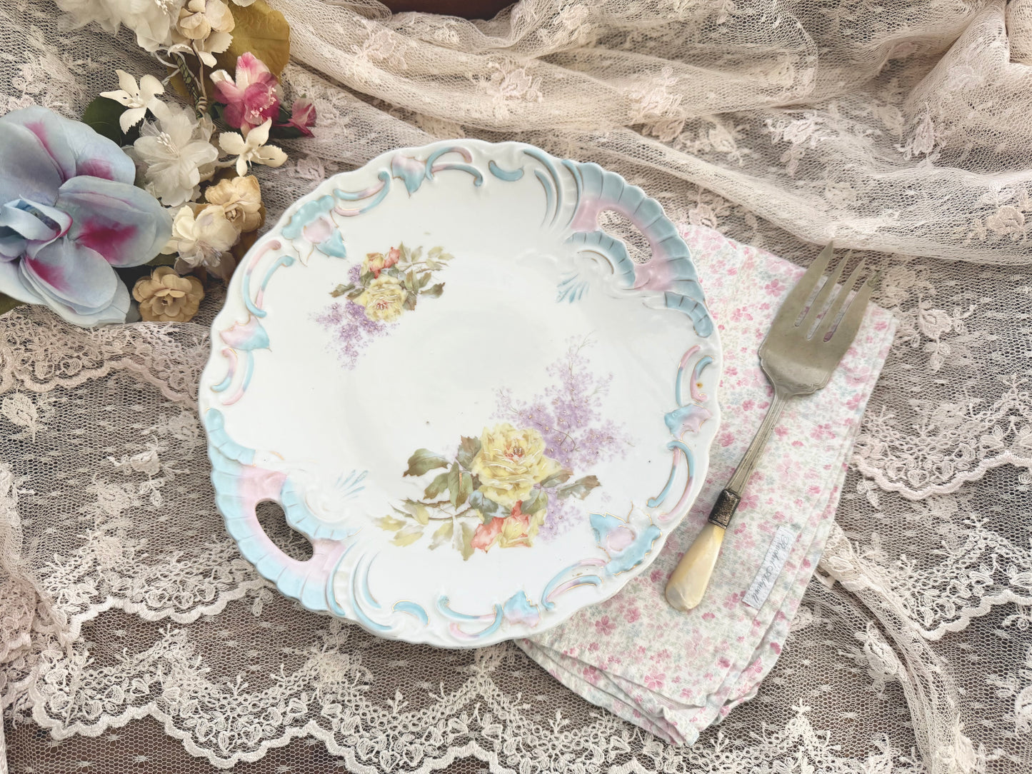 Antique Hand Painted Pink Rose Blue Scalloped Plate