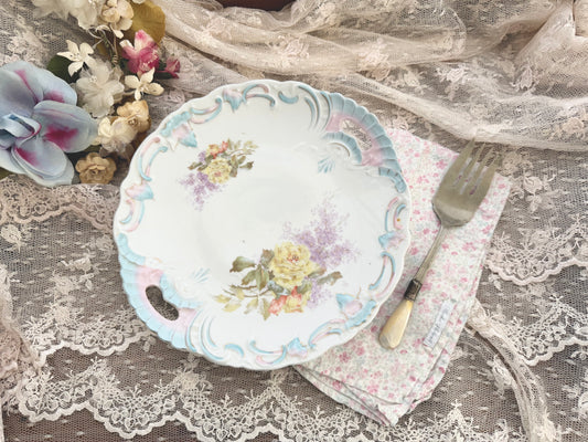 Antique Hand Painted Pink Rose Blue Scalloped Plate