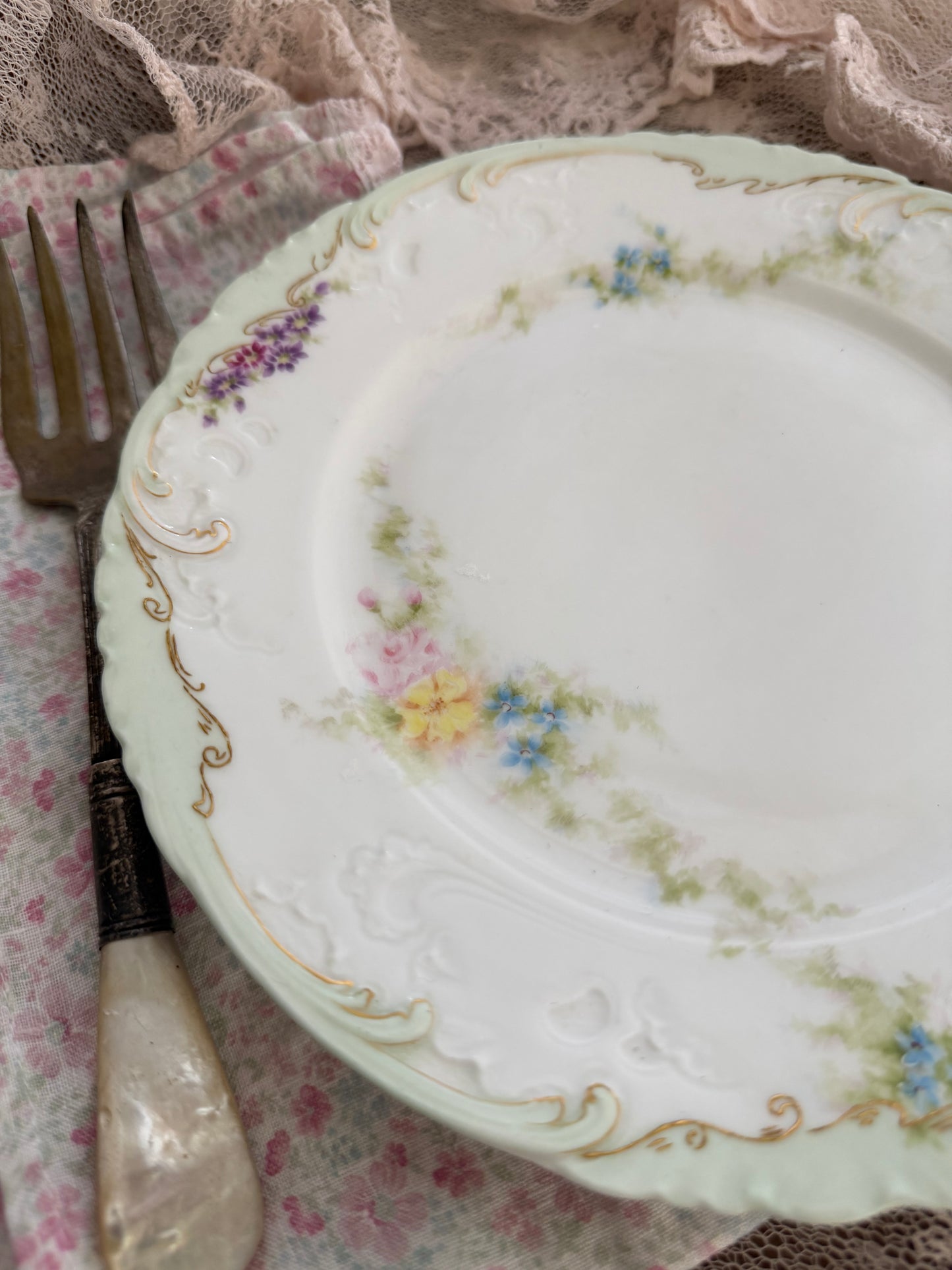 Collection 2 Antique Limoges France Mint Green Hand Painted Floral Plates