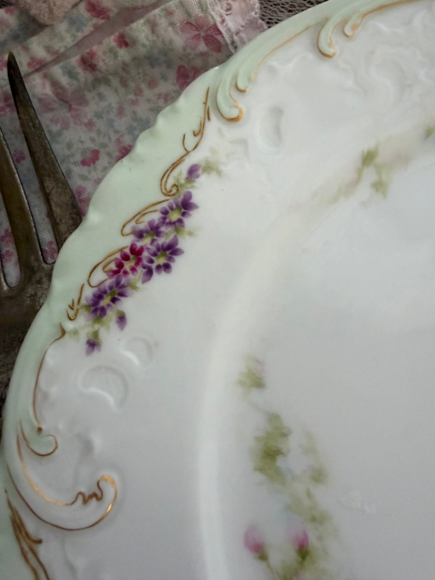 Collection 2 Antique Limoges France Mint Green Hand Painted Floral Plates