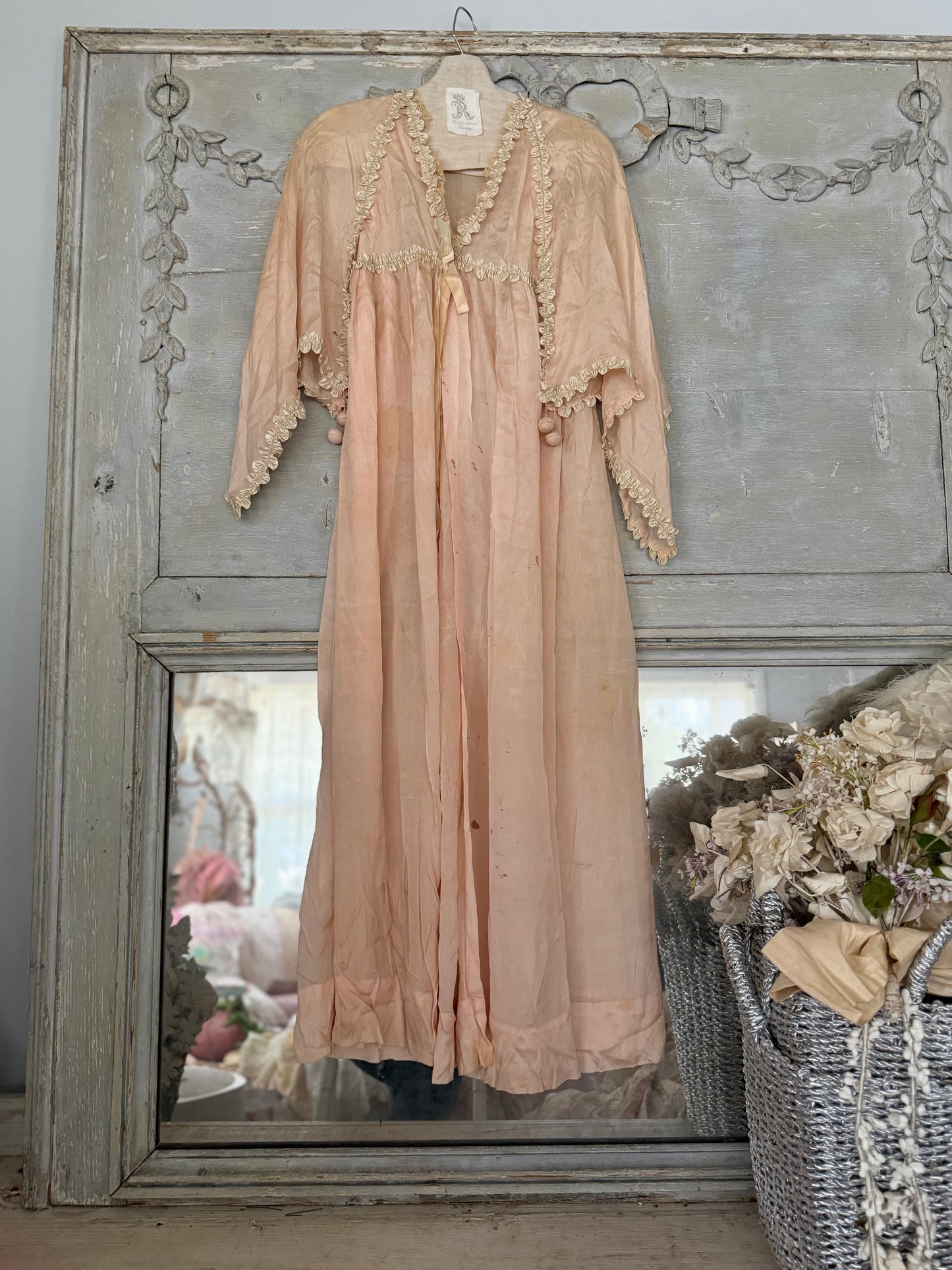 Antique 1920's Pink Silk Ruched Ribbonwork Lace Nightgown Robe