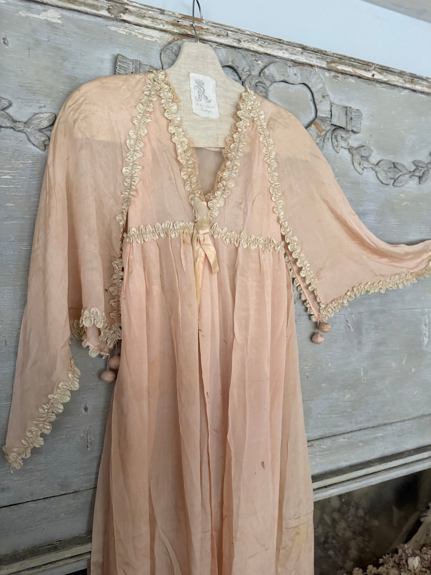 Antique 1920's Pink Silk Ruched Ribbonwork Lace Nightgown Robe