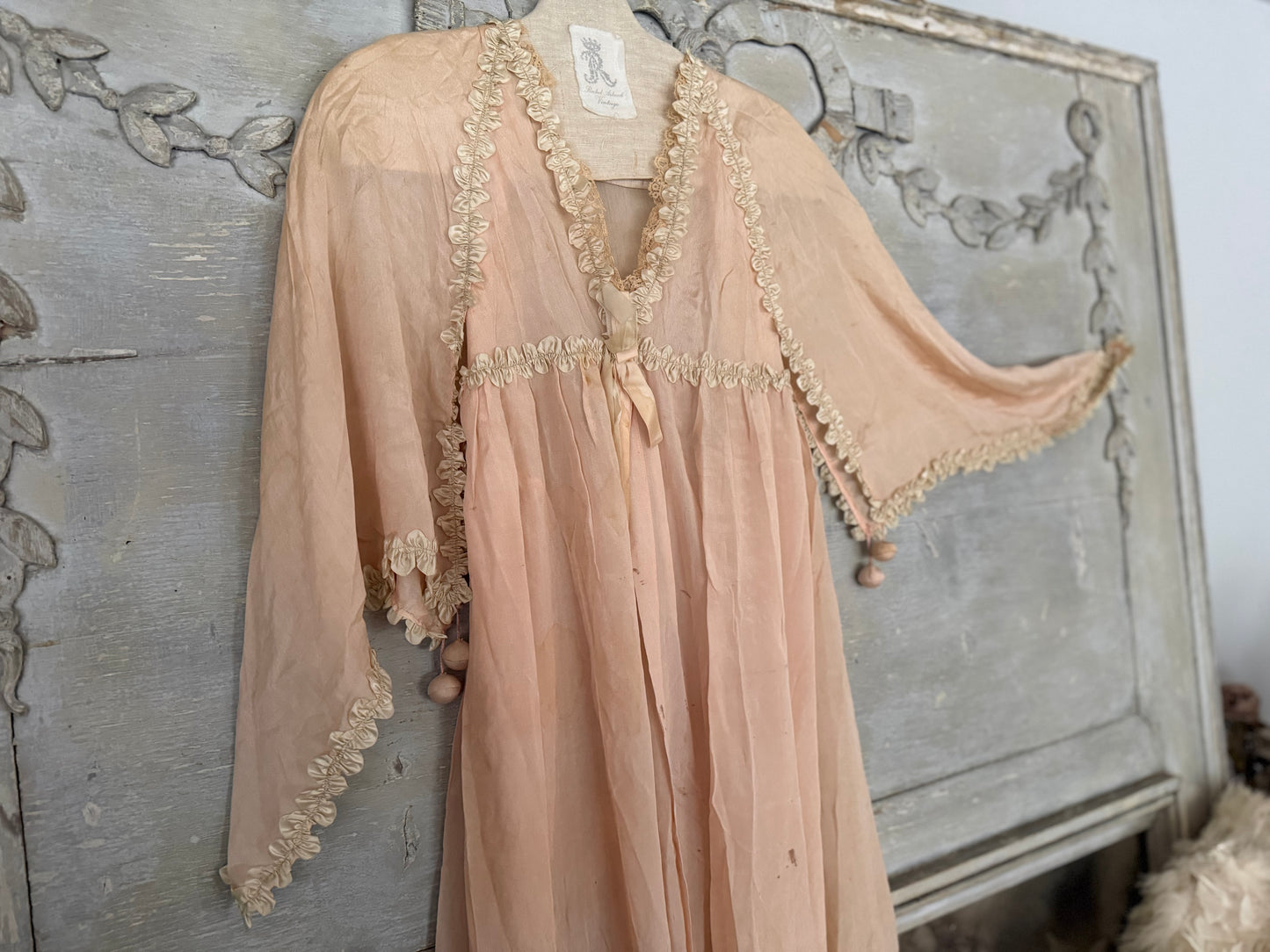 Antique 1920's Pink Silk Ruched Ribbonwork Lace Nightgown Robe