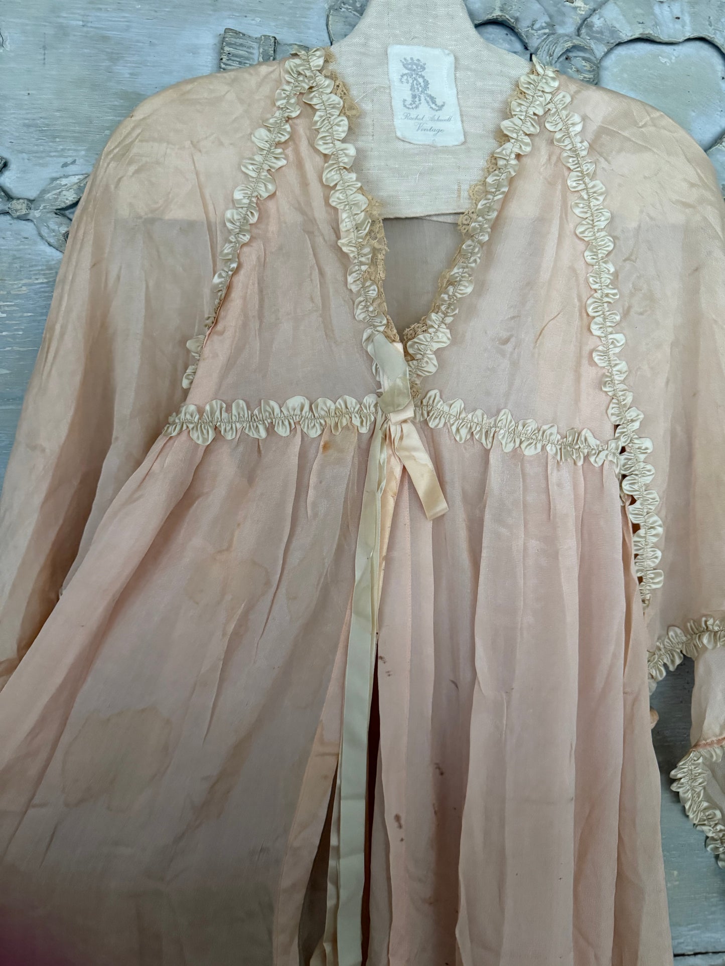 Antique 1920's Pink Silk Ruched Ribbonwork Lace Nightgown Robe