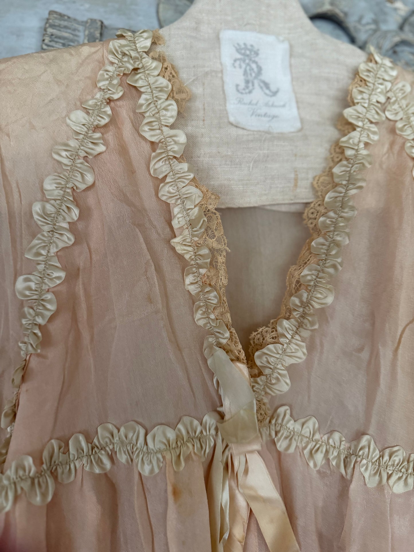 Antique 1920's Pink Silk Ruched Ribbonwork Lace Nightgown Robe