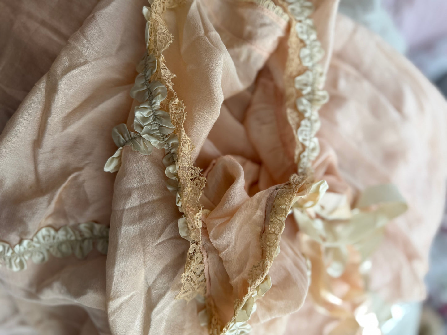 Antique 1920's Pink Silk Ruched Ribbonwork Lace Nightgown Robe