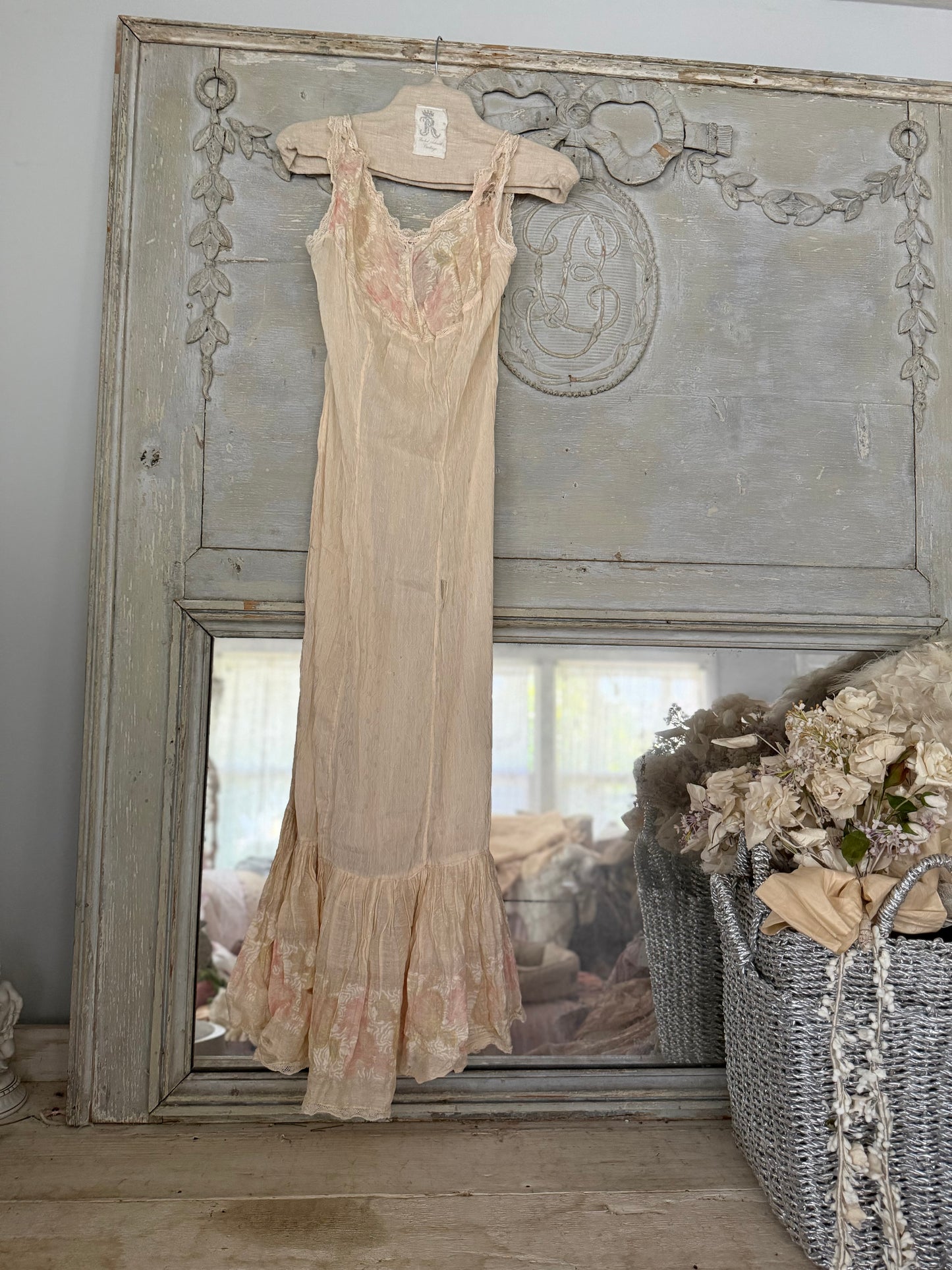 RARE Antique Victorian Pink Watered Rose Lace Slip Undergarment