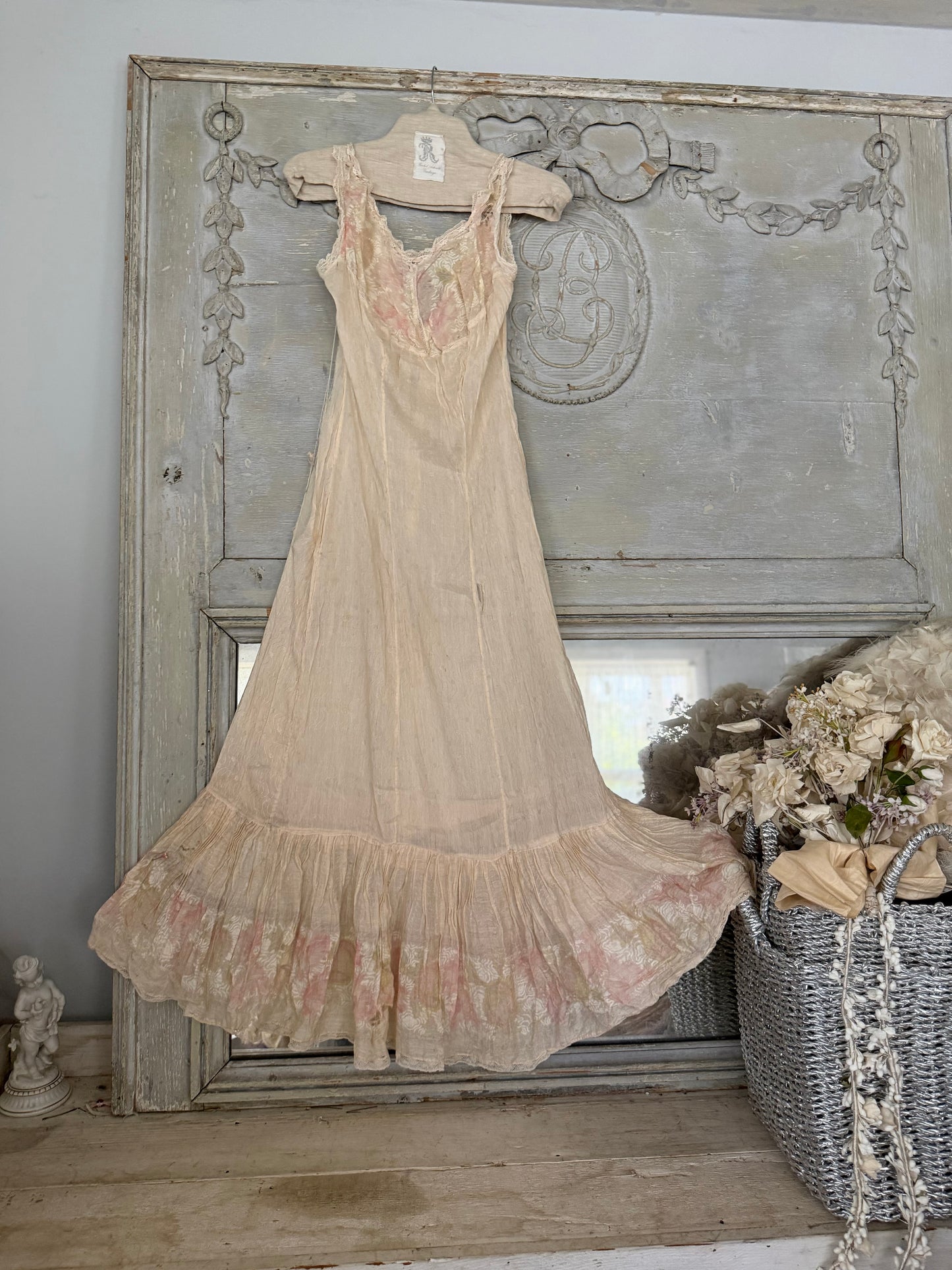 RARE Antique Victorian Pink Watered Rose Lace Slip Undergarment