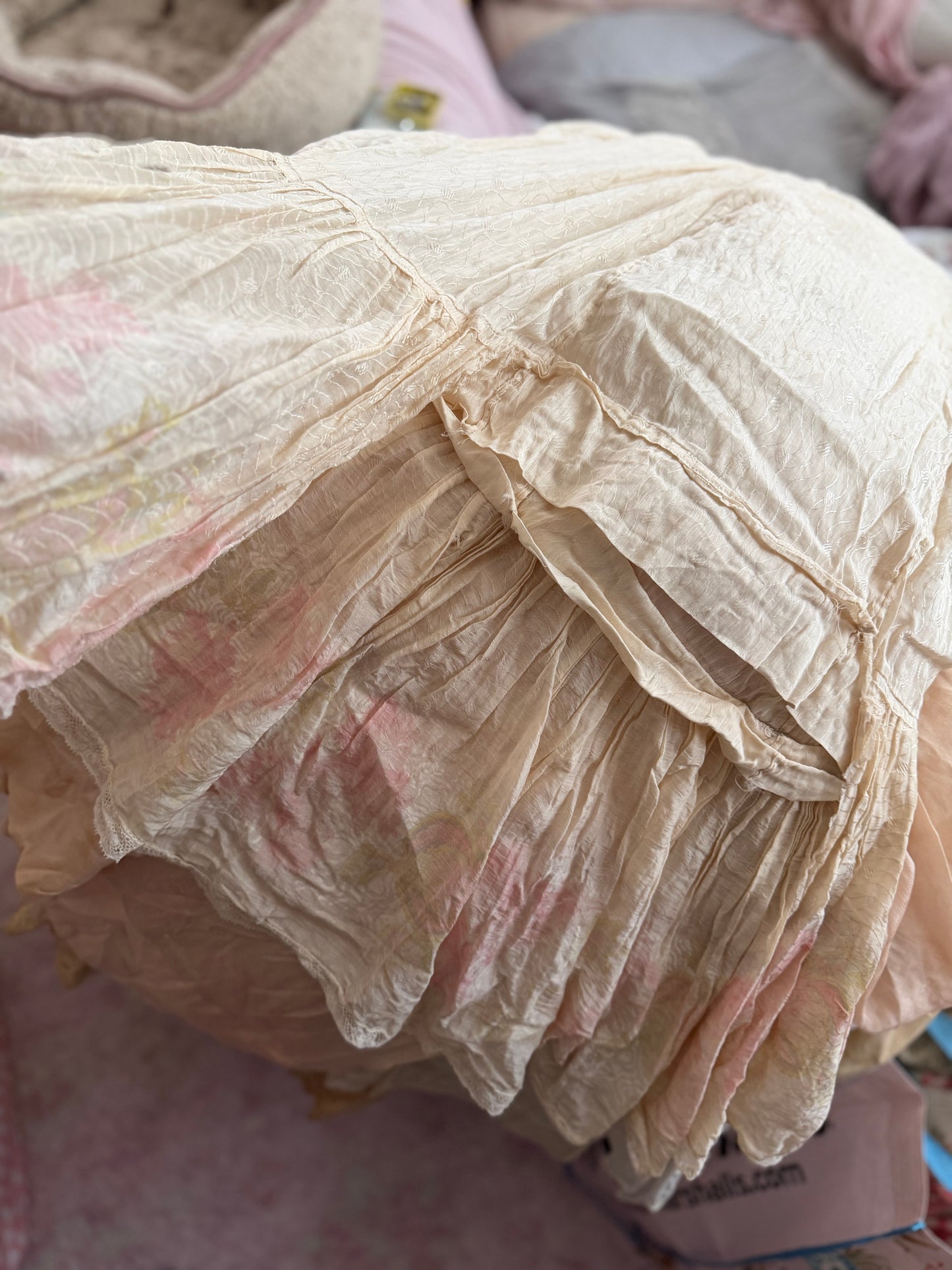 RARE Antique Victorian Pink Watered Rose Lace Slip Undergarment