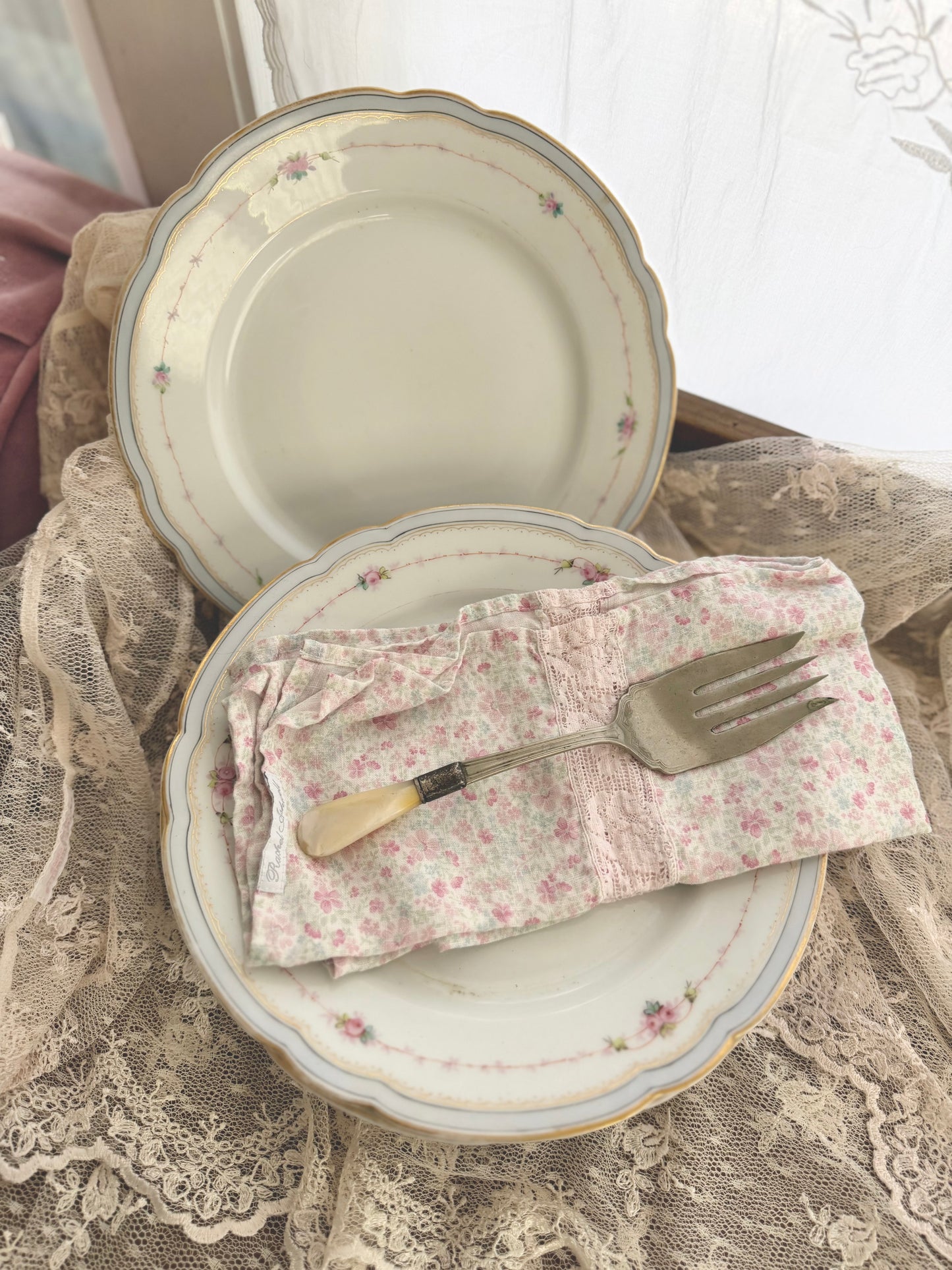 Collection 6 Antique Hand Painted Pink Rose Blue Scalloped Plates