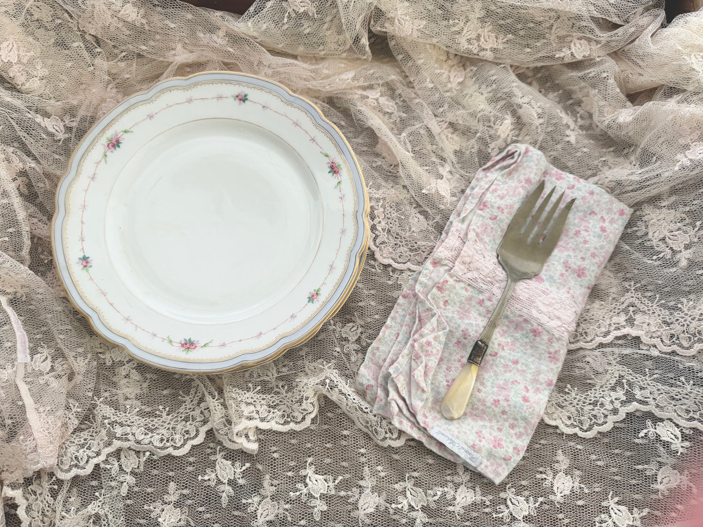 Collection 6 Antique Hand Painted Pink Rose Blue Scalloped Plates