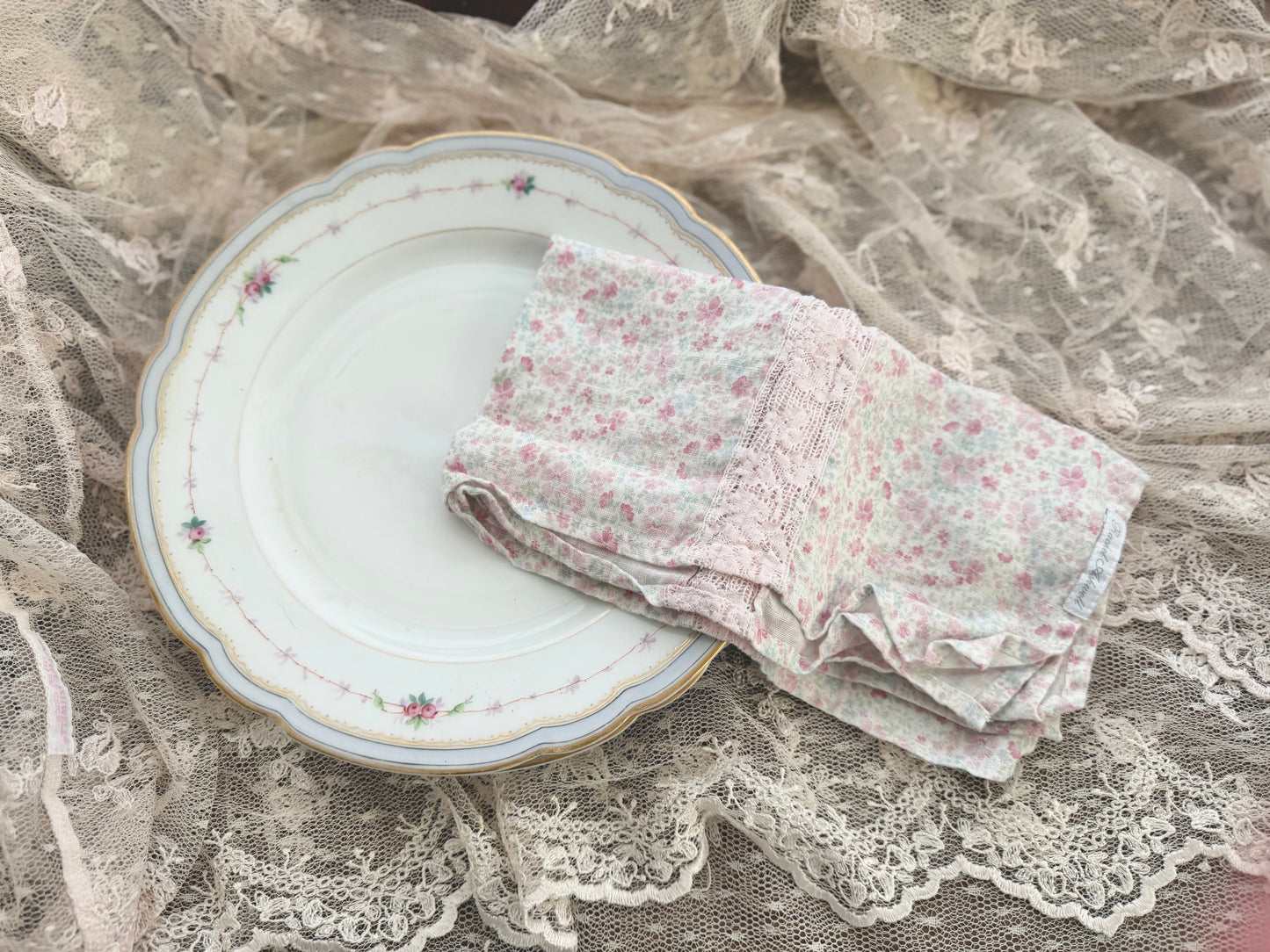 Collection 6 Antique Hand Painted Pink Rose Blue Scalloped Plates