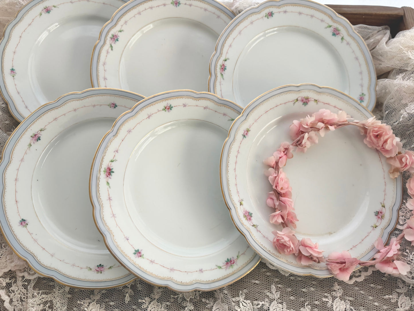 Collection 6 Antique Hand Painted Pink Rose Blue Scalloped Plates