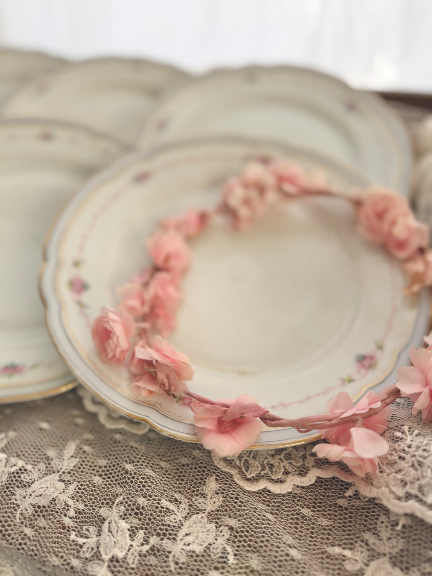 Collection 6 Antique Hand Painted Pink Rose Blue Scalloped Plates