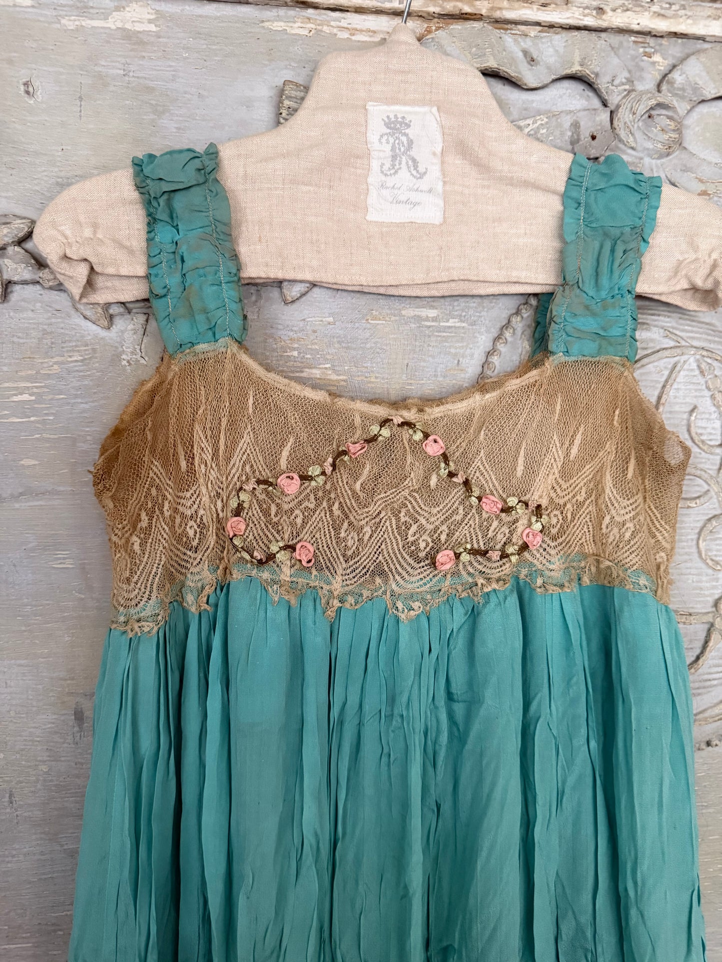 RARE Antique 1920's Teal Blue Silk Ribbonwork Nightgown