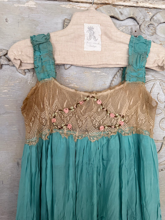 RARE Antique 1920's Teal Blue Silk Ribbonwork Nightgown