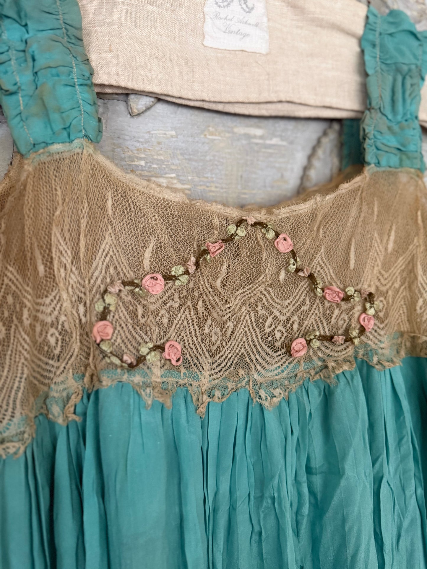RARE Antique 1920's Teal Blue Silk Ribbonwork Nightgown