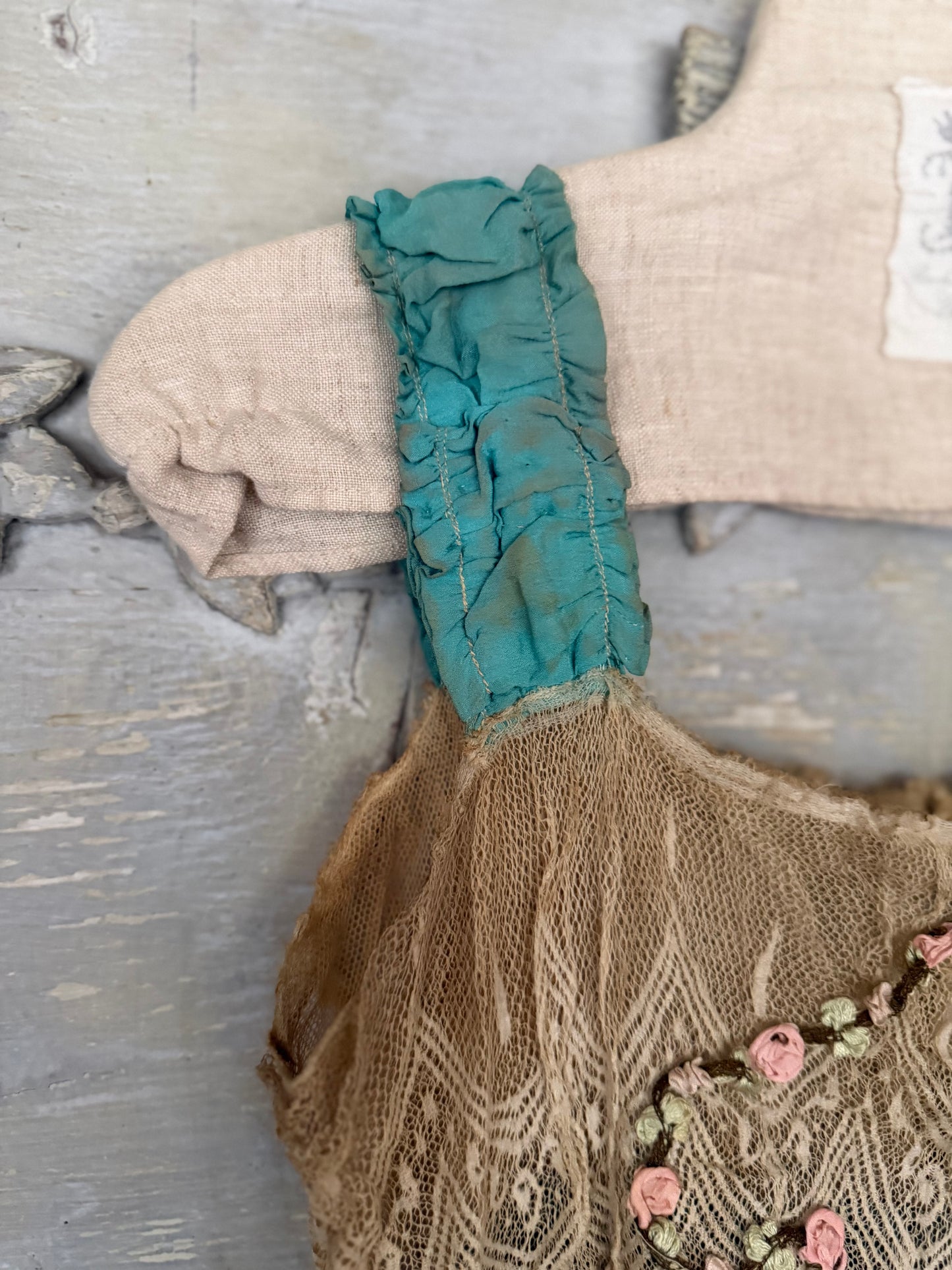 RARE Antique 1920's Teal Blue Silk Ribbonwork Nightgown