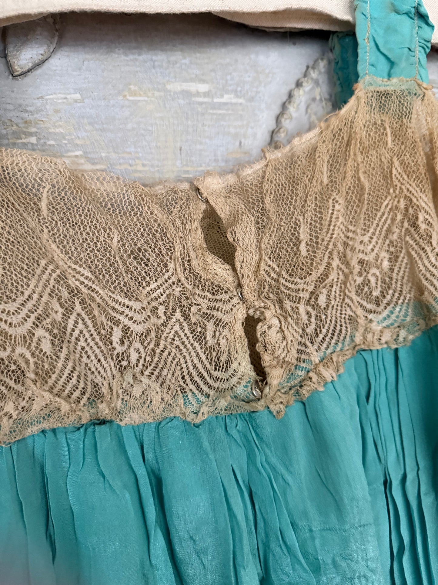RARE Antique 1920's Teal Blue Silk Ribbonwork Nightgown